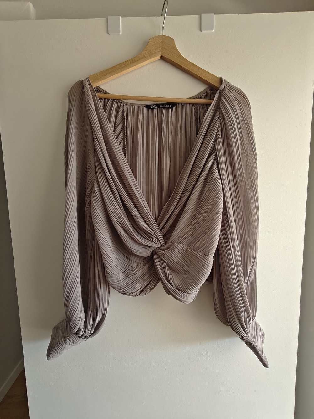 Zara Pleated Twist-Front Long Sleeve Blouse in Taupe